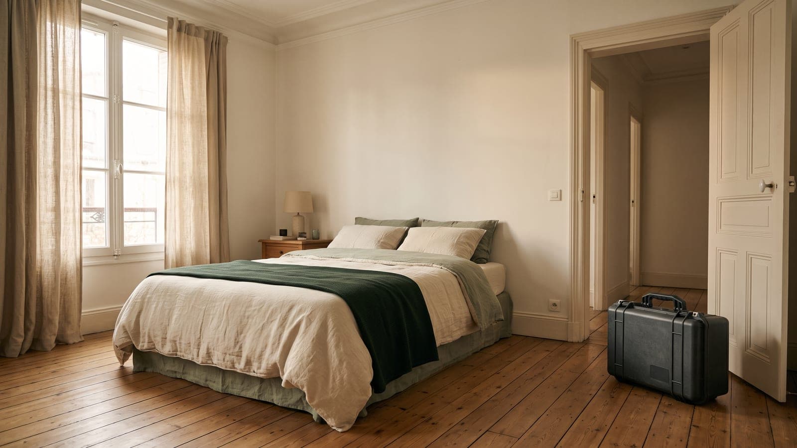A neatly made bed in an empty bedroom at dawn, with a closed equipment case by the door