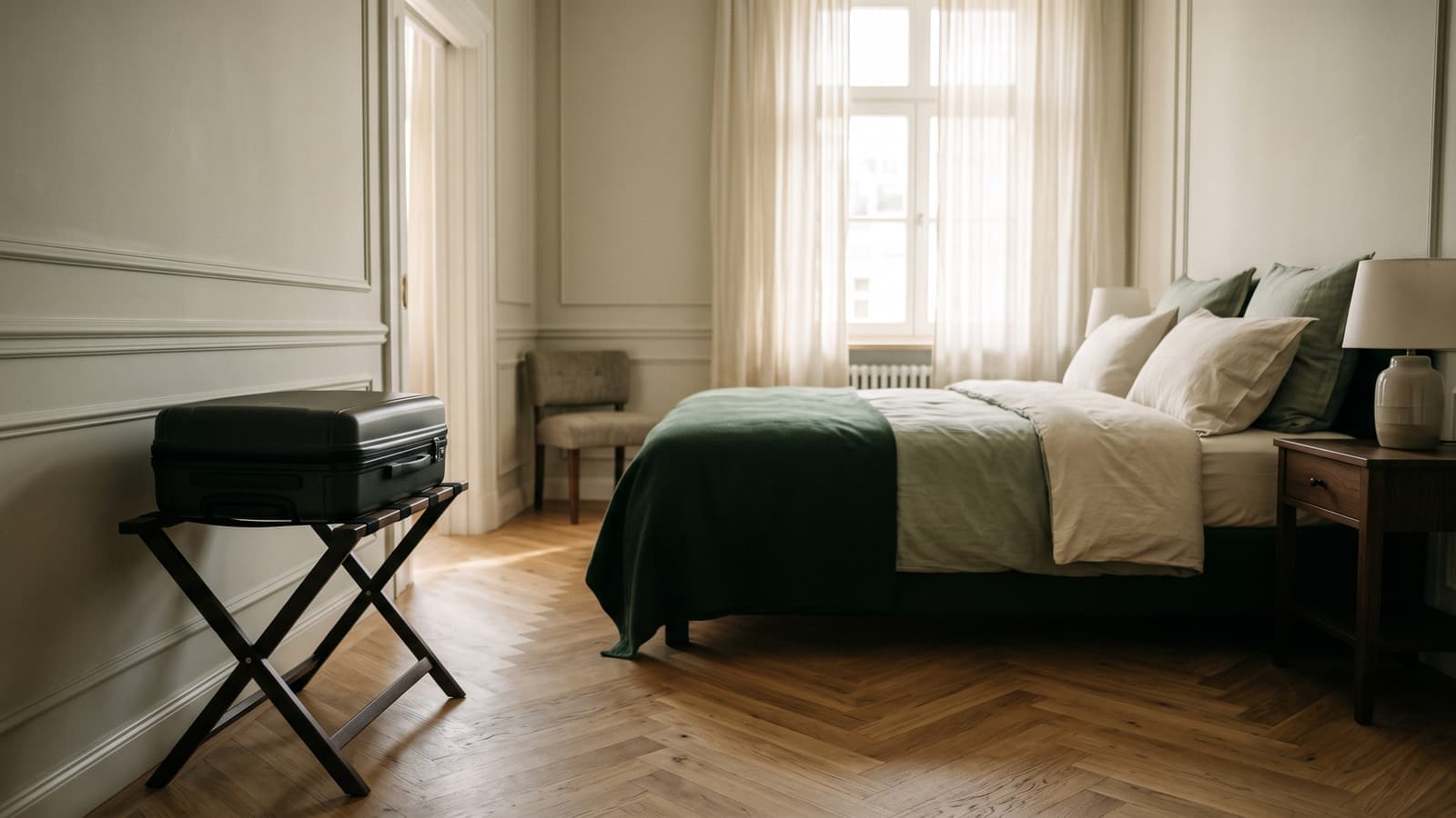 A closed suitcase on a luggage rack, pulled away from the wall in a tidy hotel room