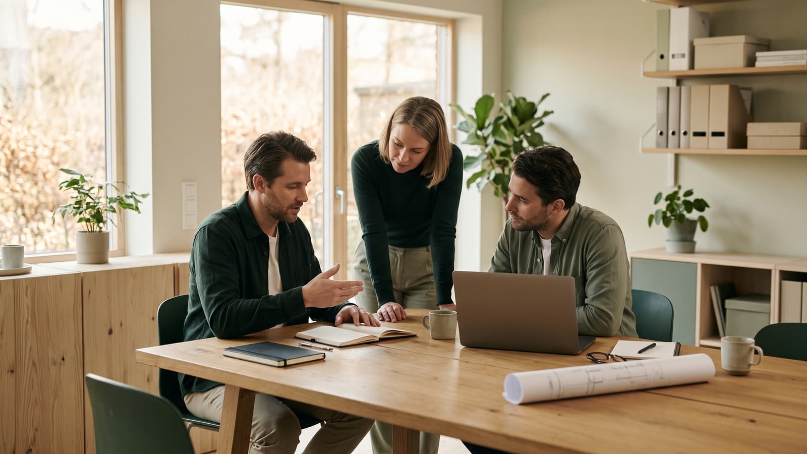 Three people planning around a table in a bright office