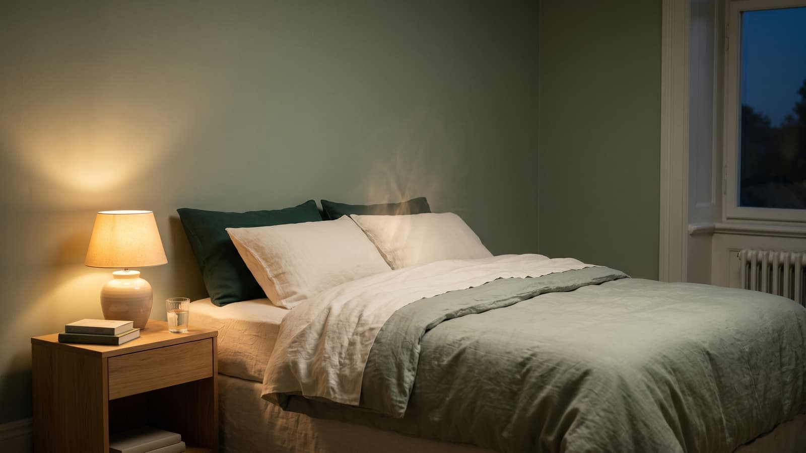 A made bed in a quiet bedroom in soft lamplight